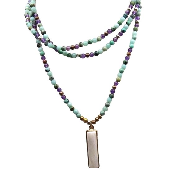 Soothing Colors Beads Rustig Necklace with Gold Edged Elongated Mother of Pearl - Picture 1 of 7